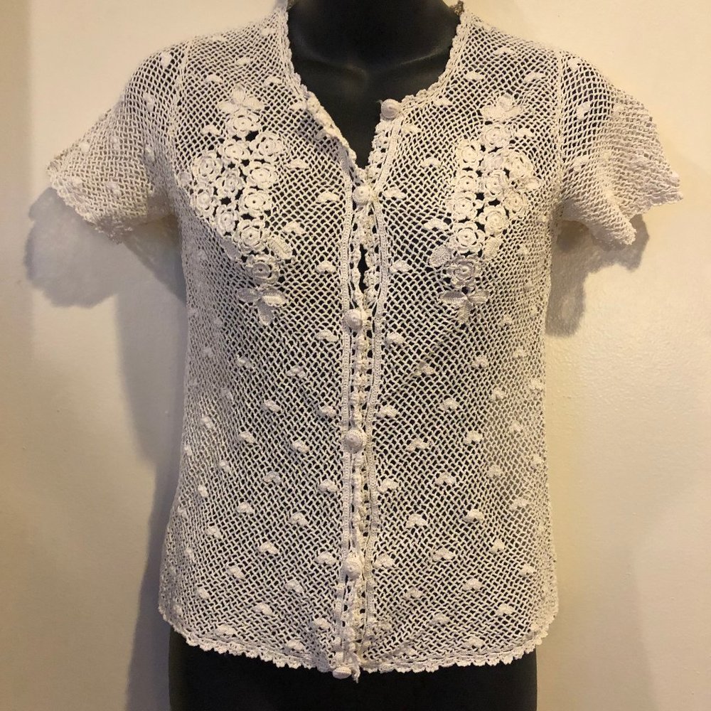 Vintage Crochet Short Sleve Button Down Top